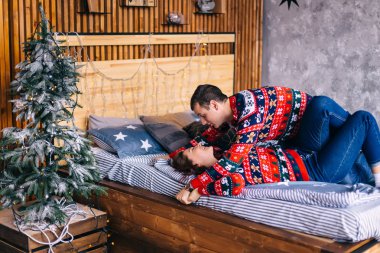 Üzerinde çelenkler ve küçük bir Noel ağacı olan rahat bir oda. 