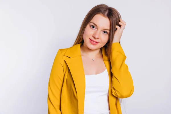 Beautiful Young Woman Make Yellow Jacket Looking Camera White Background — Stock Photo, Image