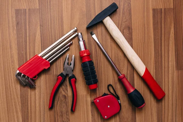 top view of hand tools for home repair and construction.