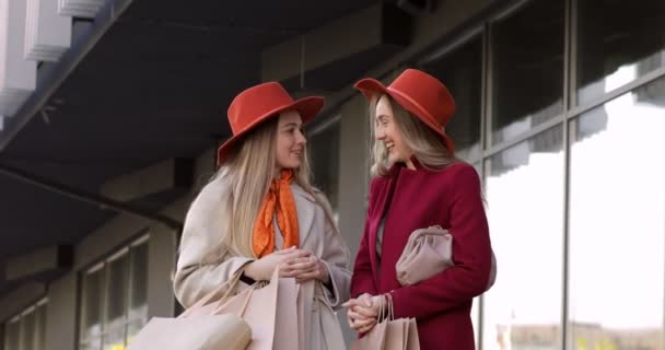 二人の若いスタイリッシュな笑顔ブロンド女性の肖像ショッピングバッグと話を保持 — ストック動画