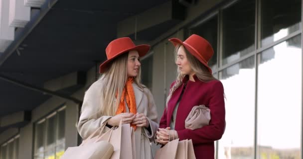 Duas Mulheres Elegantes Jovens Livre Shopping Center Olhando Dentro Saco — Vídeo de Stock