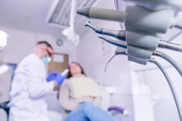 Professional Equipment Dentist Foreground Dental Unit Patient Dental Chair — Stock Photo, Image