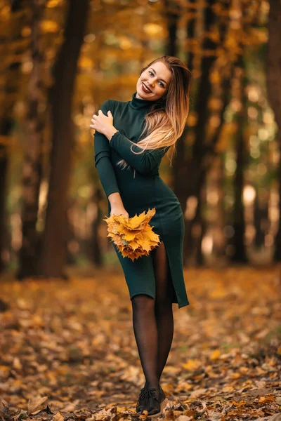 Young Beautiful Woman Dress Autumn Park Holds Wedge Shaped Leaves — Stock Photo, Image