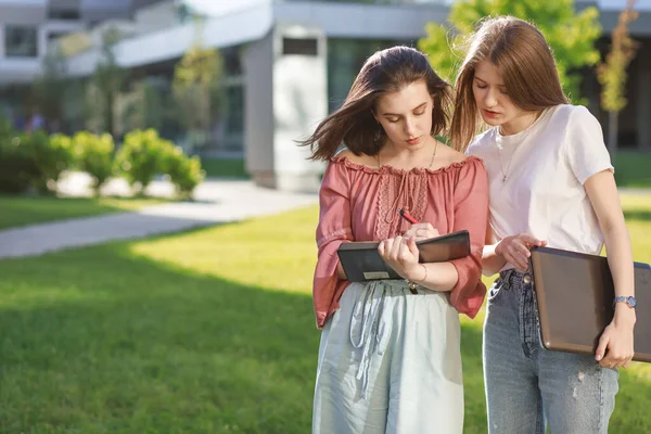 Két Lány Diák Fiatal Tinédzserek Írd Meg Leckéket Egy Jegyzetfüzetbe — Stock Fotó