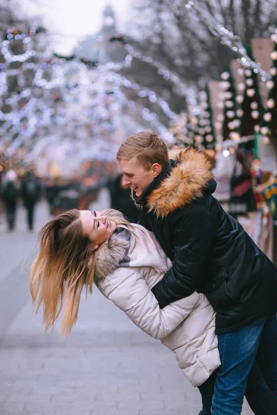 Christmas New Year Freedom Fun Emotions Feelings Cheerful Playful Couple — Stock Photo, Image