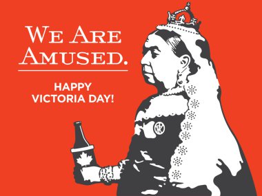 Kraliçe Victoria Amused Victoria gün Illustration.Victoria gün vektör tasarımı bir şişe bira Kanada akçaağaç yaprağı amele içinde tutan bir Kraliçe Victoria olduğumuzu.