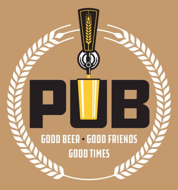 Pub ya da brew pub rozet pub zanaat bira vektör Design.Vector illüstrasyon bira musluk ve pint cam.