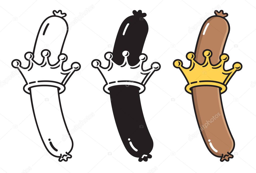 Hot Dog King vector design.Badge or icon featuring a hot dog or wiener inserted through a crown. Includes three black and white or color options.