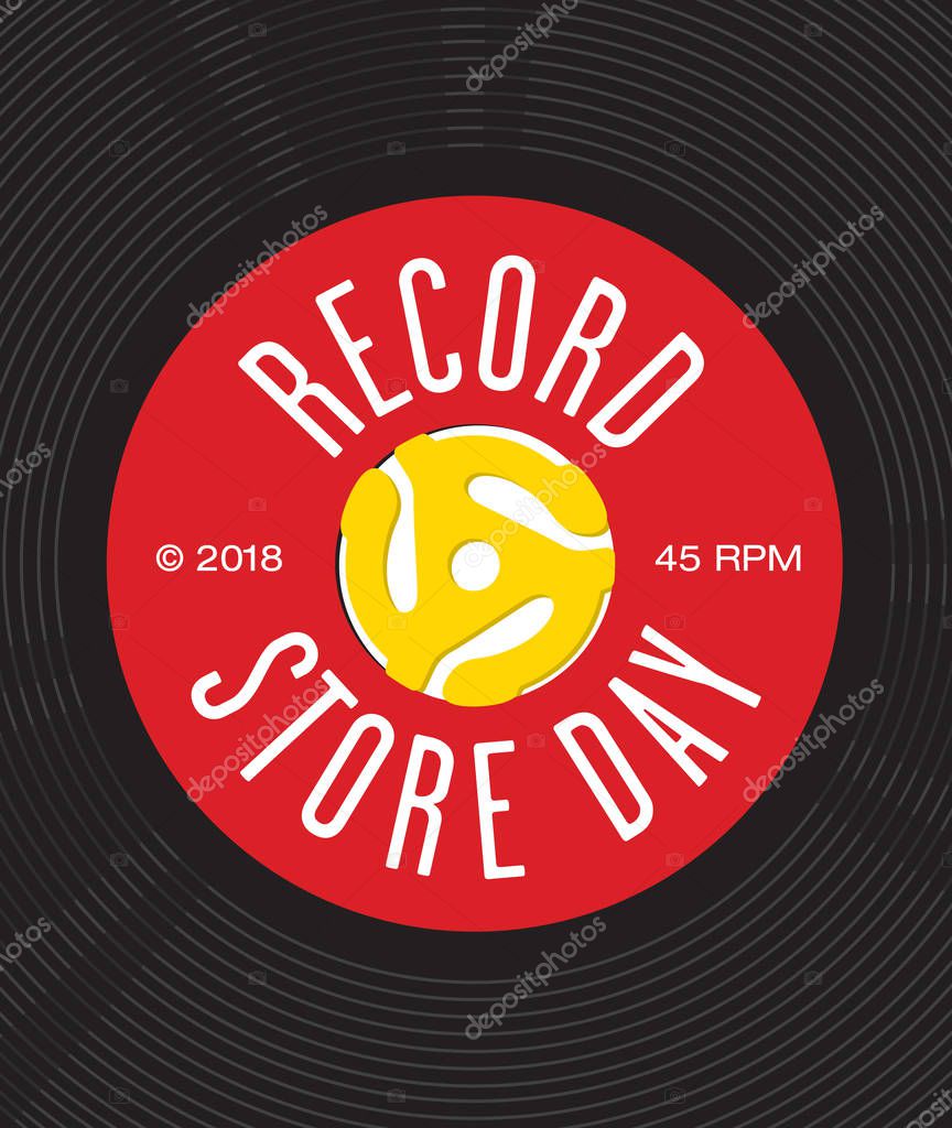 Record Store Day Badge or Emblem Vector Design.Design featuring close up of vinyl record center label with spindle adaptor insert and the words Record Store Day. Easy to edit and fully scalable.