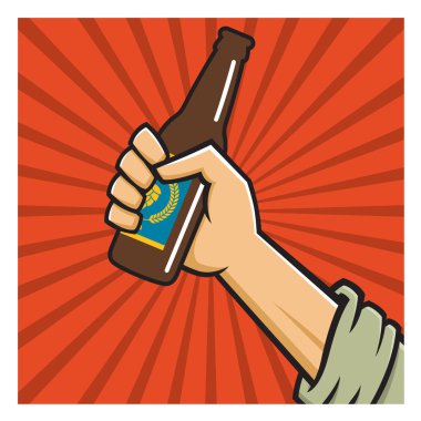 Zanaat bira devrimi vektör rozet veya etiket tasarımı. Bir şişe zanaat bira retro logo banner tasarımı tutan yumruk.