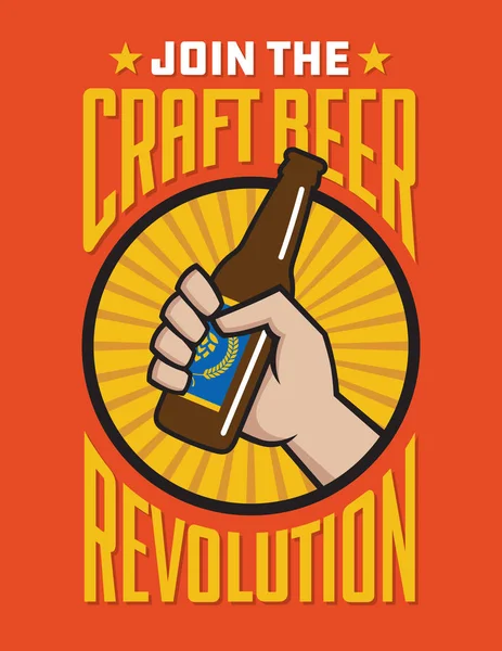 Craft Beer Revolution Vector Badge Label Design Fist Holding Bottle — Stock Vector