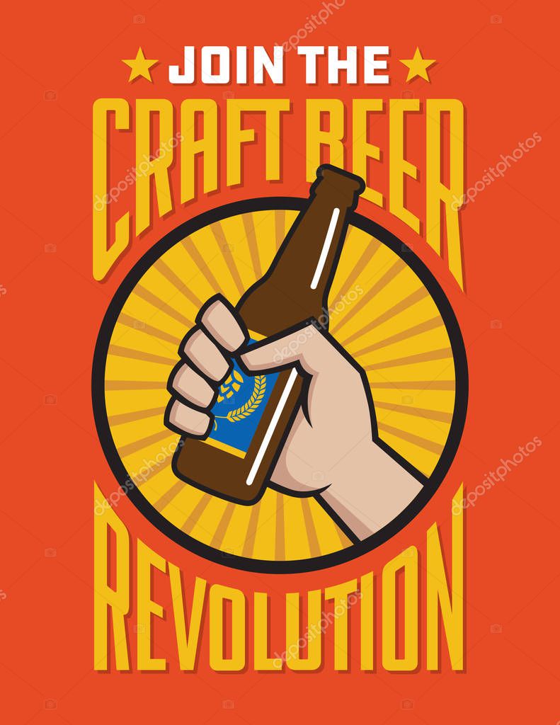 Craft Beer Revolution vector badge or label design.Fist holding a bottle of craft beer in retro logo banner design.