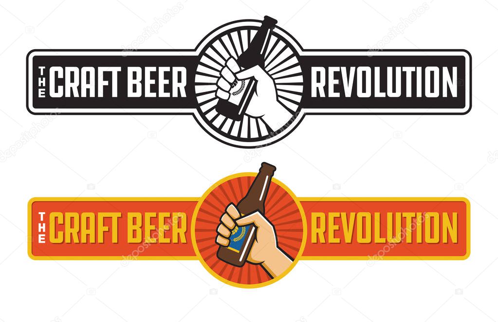 Craft Beer Revolution vector badge or label design.Fist holding a bottle of craft beer in retro logo banner design.