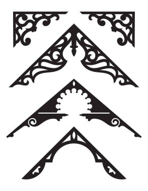 Victoria Gingerbread mimari Illustrations.Silhouette Trim vektör çizimler klasik Victoria evler bağbozumu tasarım ayrıntılarının kümesi.