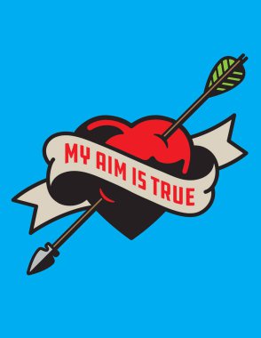 Amacım ok resimde tarafından deldi gerçek kalbidir. Kalp cupids ok ve afiş ile featuring aşk sembolü çizim vektör dövme stil.