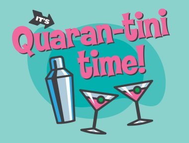 Karantinada bir martini zamanı. Martini bardakları ve kokteyl karıştırıcısının retro stil vektör çizimi..