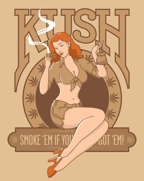 Retro kenevir marihuana kush kız tasarımı. Marihuana yaprakları ve kush harfleriyle pipo içen güzel bir kadının Sepia ton vektör illüstrasyonu. İçinde afiş de var, varsa tüttür..