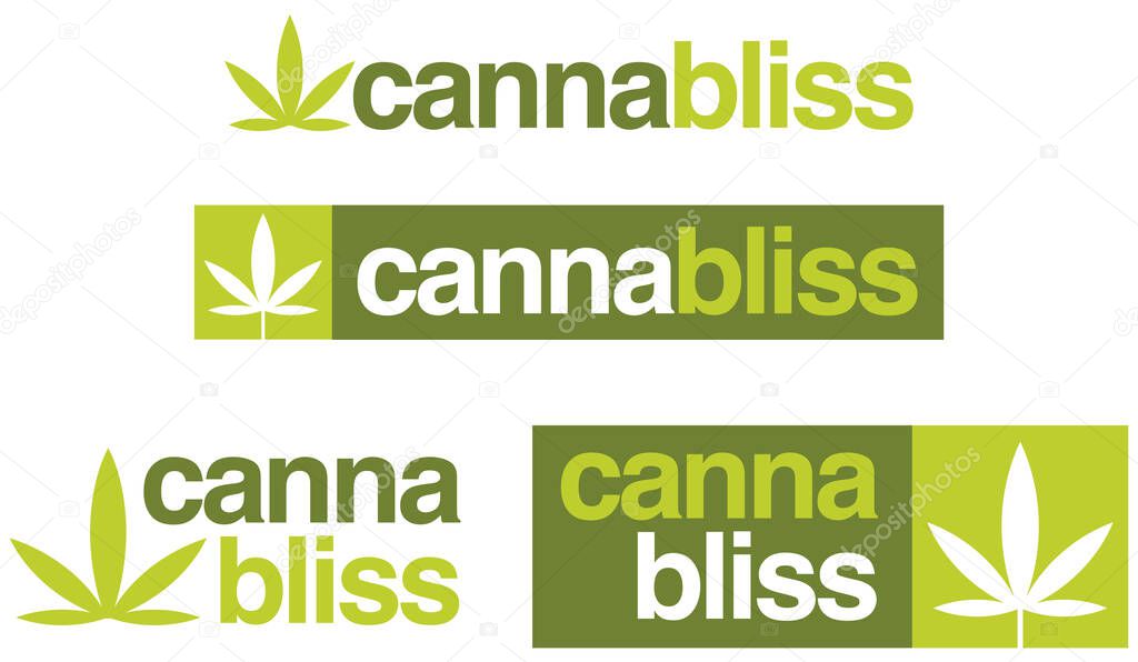 Set of 4 cannabis or marijuana logo or badge designs combining the words cannabis and bliss to form cannabliss. Includes simplified cannabis leaf.