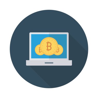 Bitcoin simgeleri beyaz zemin üzerine mavi bilgisayar ekranında