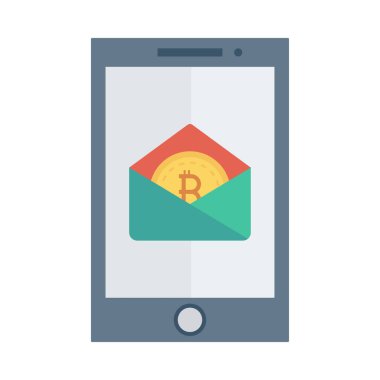 Bitcoin belirteci smartphone ekranında beyaz arka plan üzerinde zarf içinde