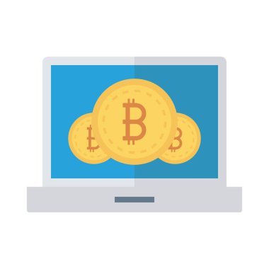 Bitcoin simgeleri beyaz zemin üzerine mavi bilgisayar ekranında