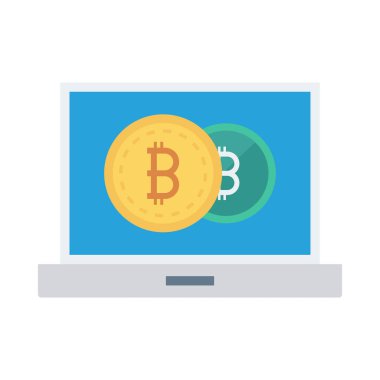 Bitcoin simgeleri beyaz zemin üzerine mavi bilgisayar ekranında