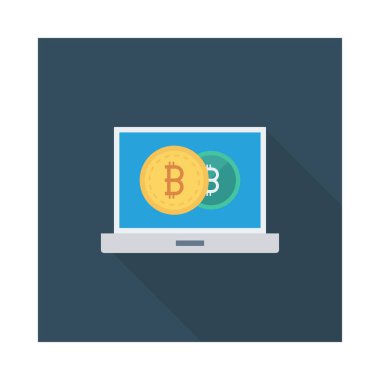 Bitcoin simgeleri beyaz zemin üzerine mavi bilgisayar ekranında
