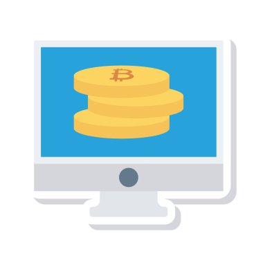 Bitcoin simgeleri beyaz zemin üzerine mavi bilgisayar ekranında