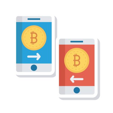 Beyaz arka plan üzerinde akıllı telefonlar ekranlarda Bitcoin belirteçleri