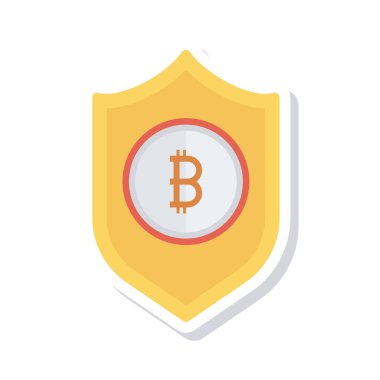 Bitcoin belirteci üzerinde beyaz zemin üzerine sarı kalkan