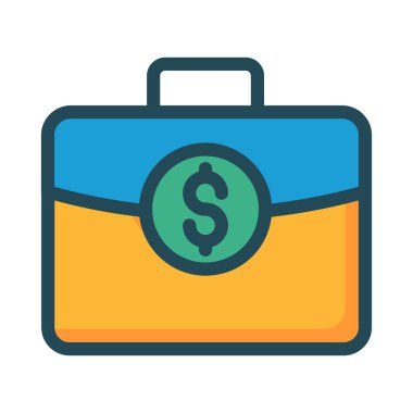 Sarı ve mavi iş çanta beyaz arka plan üzerinde izole yeşil Doları para ile