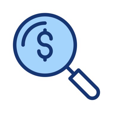 Mavi büyüteç ve beyaz arka plan üzerinde izole doları sembolü