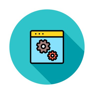 Sarı tablet cihaz ile kahverengi ve kırmızı vites beyaz arka plan üzerinde izole mavi daire mavi ekranda