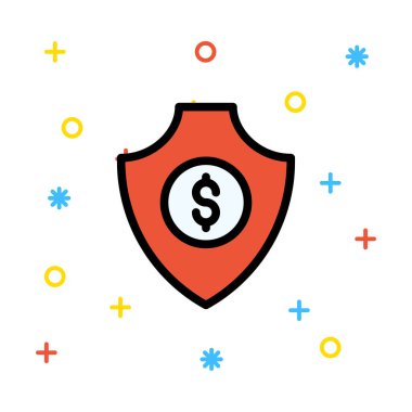 Kırmızı renkli işaretleri ile beyaz arka plan üzerinde dolar işareti olan kalkan koruma