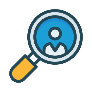 Beyaz arka plan üzerinde izole kişi simgesi olan sarı ve mavi Büyüteç