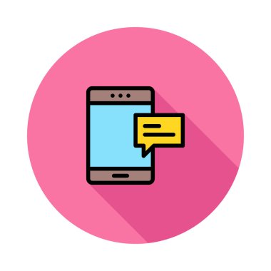 Mavi ekran ve pembe daire beyaz arka plan üzerinde izole sarı iletisi ile kahverengi smartphone