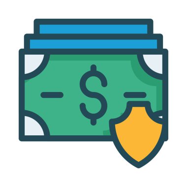 Yeşil ve mavi doları banknot ile sarı kalkan beyaz arka plan üzerinde izole