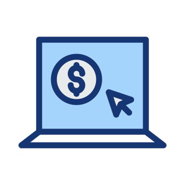 Laptop mavi ekran, doları sembolü ve ok ile 