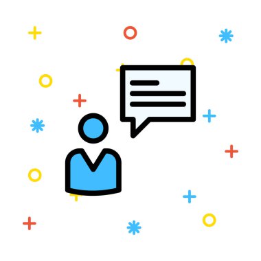 Konuşma balonu renkli işaretleri beyaz zemin üzerine mavi kişi simgesi