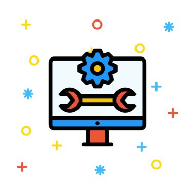 Bilgisayar monitörü ile İngiliz anahtarı anahtar ve renkli işaretleri ile beyaz arka plan üzerinde dişli