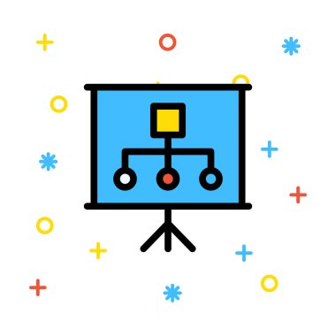 Mavi tanıtım kurulu renkli işaretleri ile beyaz arka plan üzerinde semboller ile