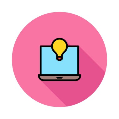 Renkli tablet cihaz ile sarı lamba ampul beyaz arka plan üzerinde izole pembe daire