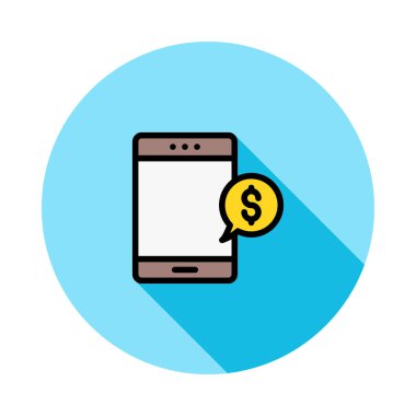 Beyaz arka plan üzerinde izole mavi daire sarı doları mesajıyla kahverengi smartphone