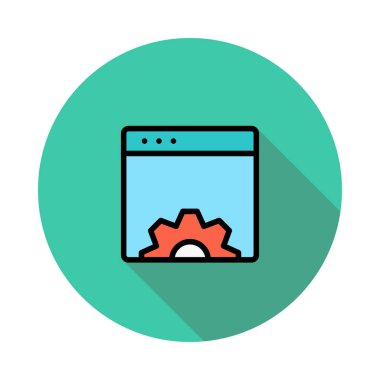 Yeşil daire beyaz arka plan üzerinde izole kırmızı dişli ile mavi tablet cihaz