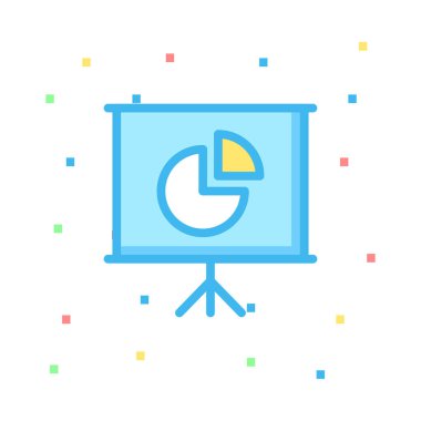 Mavi tanıtım kurulu ile renkli işaretleri sarı pasta grafiği