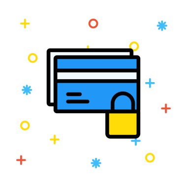 Mavi ve beyaz kredi kartları ile renkli işaretleri beyaz zemin üzerine sarı kürek kilidi