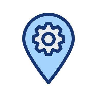 Mavi harita yer işareti ile beyaz arka plan üzerinde izole dişli