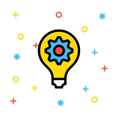 Sarı lamba ampul renkli işaretleri beyaz zemin üzerine mavi dişli ile