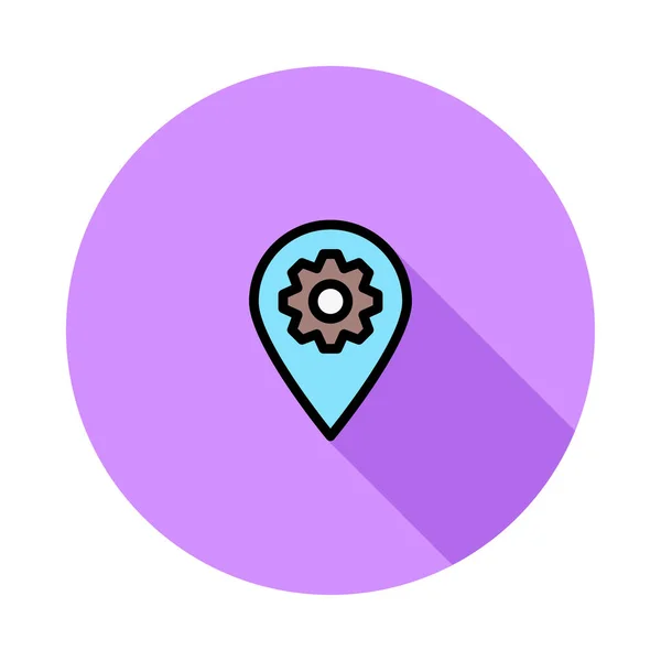 蓝色位置地图标志与棕色齿轮在紫罗兰色圈子隔绝在白色背景上 — 图库矢量图片