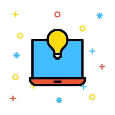 Tablet cihaz ile mavi perde ve renkli işaretleri beyaz zemin üzerine sarı lamba ampul